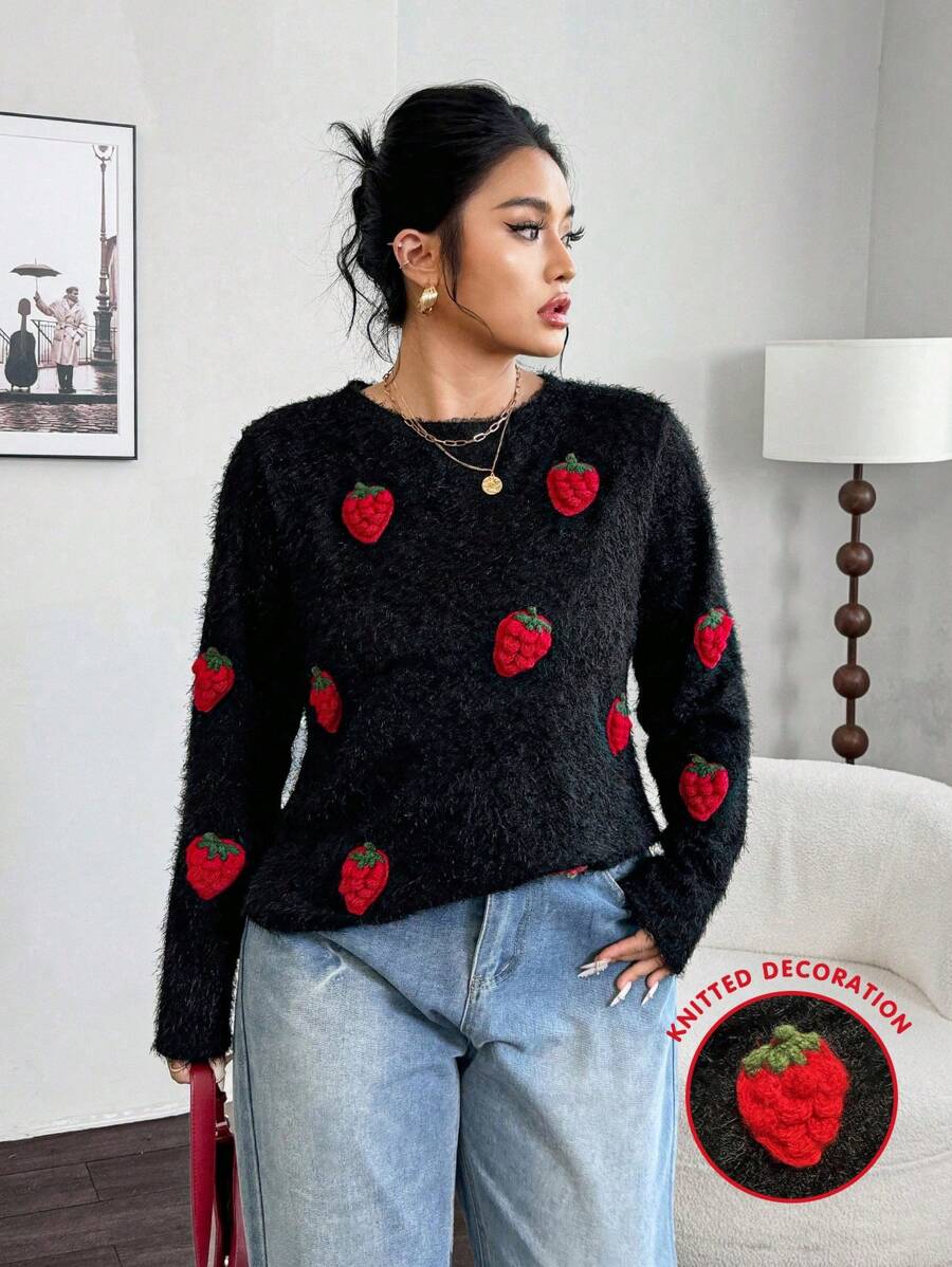 Calvaya Oversized Damen Plüsch Sweatshirt, Lässig & Pendeln, warm & bequem, schwarz mit Erdbeere Dekoration, gestrickter Stoff, Herbst/Winter Grafik T-Shirts Damen Tops - Schwarz - Übersicht 1