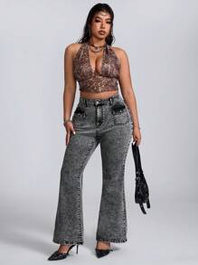 SHEIN ICON جينز كاجوال بحجم كبير مع جيوب أمامية وأزرار، مناسب للارتداء اليومي