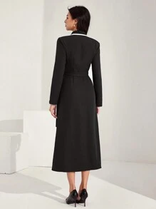 Heiryn Women Contrast Piping Lapel Collar Wrap Tie Long Dress, Spring/Autumn