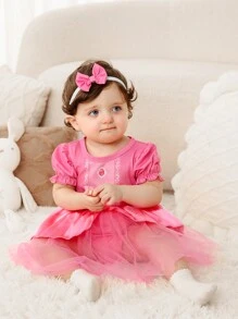 新生女婴可爱甜美粉色连体衣公主服装连体衣网眼连衣裙，前面带蝴蝶结和头带服装，适合生日派对，适合春夏季 - 玫紅色 - 查看 4
