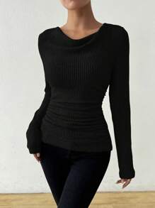 EMERY ROSE Retro Asymmetrical Mandarin Collar Brushed Textured Ruched Slim Fit Long Sleeve T-Shirt Fall Cloth For Women - Black - View 6