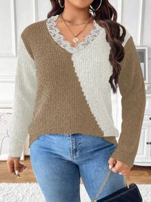 Celure Suéter de punto con cuello en V, volantes y contraste de color para mujer de talla grande, para otoño e invierno