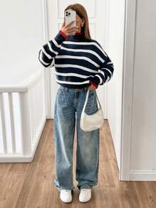 EURMUSE Women Stripe Pattern Mock Neck Drop Shoulder Pullover - Multicolor - View 1