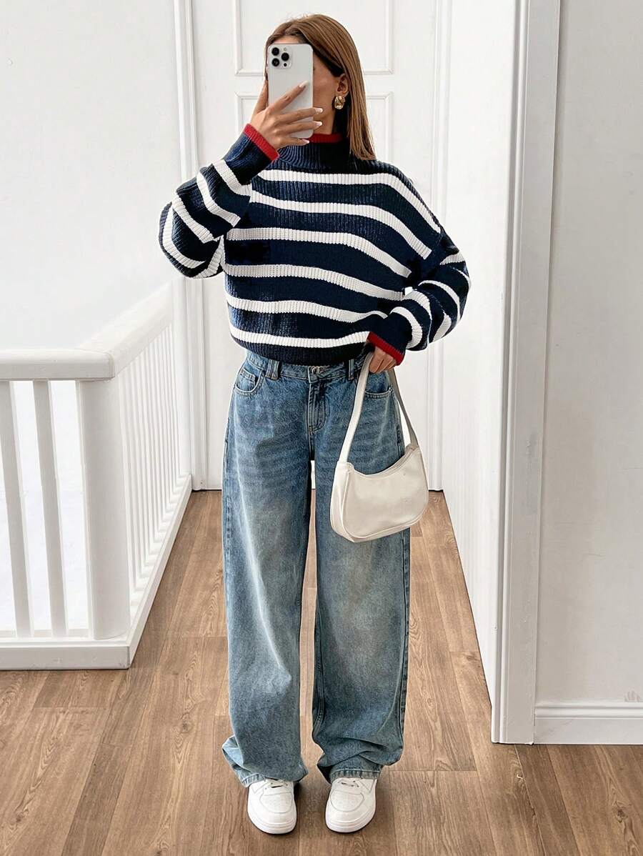 EURMUSE Women Stripe Pattern Mock Neck Drop Shoulder Pullover - Multicolor - View 1