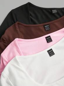 SHEIN EZwear Damska, swobodna, jednokolorowa, kwadratowa, obcisła koszulka z krótkim rękawem i kwadratowym dekoltem