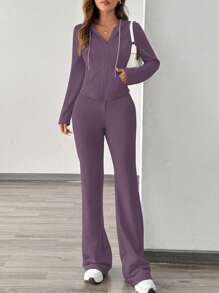 Chiquease Stylish Casual Sports Outfit For Women, 2pcs Set Fashion Hoodie Sweatshirt Jacket And Wide Leg Pants, Autumn