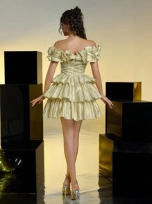 SHEIN Belle Elegant Sexy Romantic Golden Shiny Organza Off Shoulder Three-Dimensional Pleats Cake Dress For Date, Birthday Party, Wedding Event, Bachelor Party, Prom Dress, Wedding Guest Dress