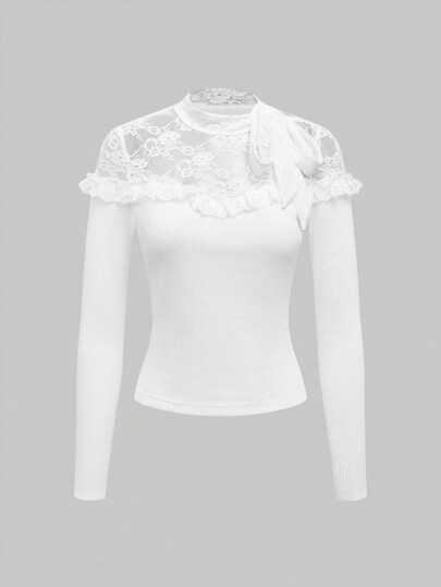 Kawaii Damen Einfarbiges Spitze Patchwork Langarm Lässig Top, Alltags Tragen