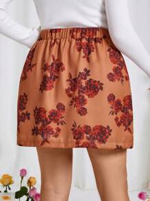 SHEIN Clasi Plus Size Women's Woven Floral Button Pocket Rose Pattern Valentine's Day Elegant Skirt