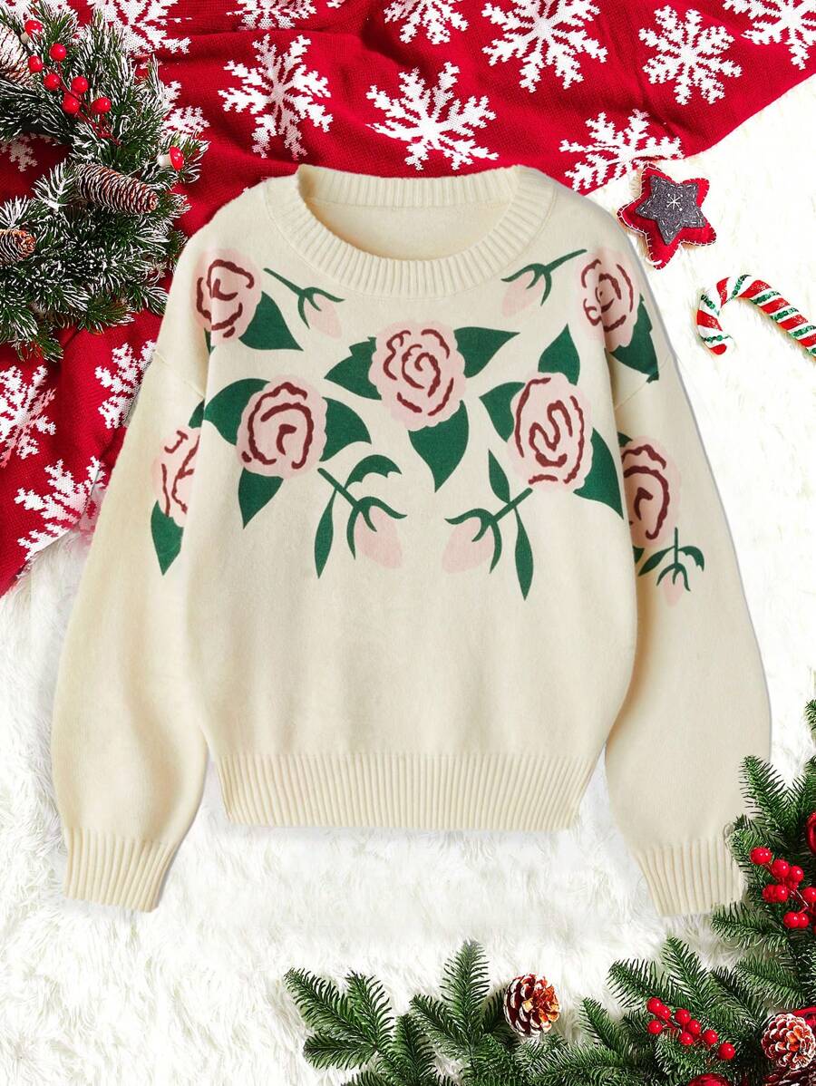 SHEIN MOD Women Floral Pattern Crew Neck Long Sleeve Casual Shirt, Minimalist Design For Daily Wear,Festival Sweater,Going Out Tops,Winter Women Clothes,Thermal,Warm Clothes,Elegant Vintage Sweater,New Year Women Clothes