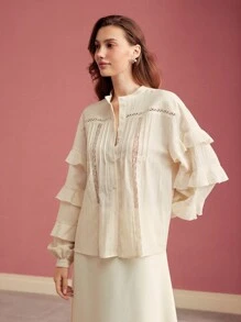 MOTF PREMIUM CONTRAST LACE LIGHTWEIGHT BLOUSE,VALENTINE'S DAY,SPRING/SUMMER - Apricot - View 8
