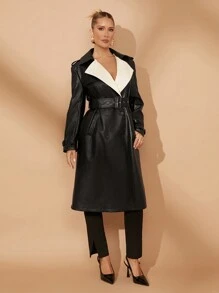 Lumalex Summer Vacation Bohemian BOHO Sea Beach Hot Outdoor Richly Layered Wedding Season Banquet Coming Of Age Ceremony Beach Seaside Spring Holiday Party Banquet Wedding Women Faux Leather Contrast Collar Umbrella Hem Mid-Length Trench Coat - Black - View 2