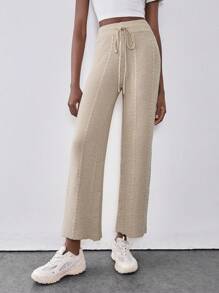 SHEIN Unity High Waisted Slimming Wide Leg Knit Pants With Tie Up, Versatile Elegant Palazzo Pants For Women - Apricot - View 1