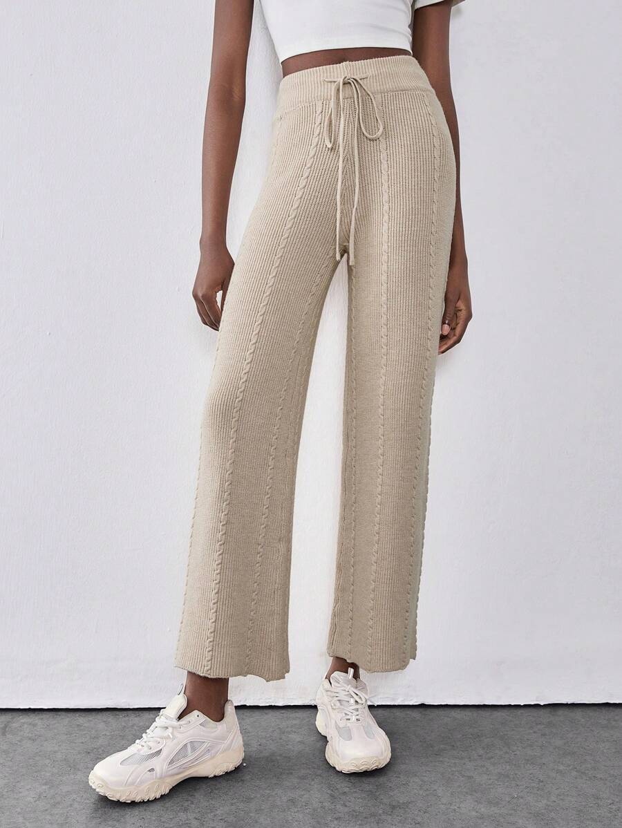 SHEIN Unity High Waisted Slimming Wide Leg Knit Pants With Tie Up, Versatile Elegant Palazzo Pants For Women - Apricot - View 1
