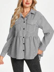 SHEIN LUNE Women's Black & White Plaid Print Peter Pan Collar Button Front Shirt, Autumn/Winter - Black and White - View 5