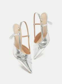 CUCCOO BIZCHIC Women's Pointed Toe Stiletto Heels, Fashionable Versatile Sweet Elegant Party Occasion Silver Double Buckle High Heels, Sexy Slim Commuting Work Wear Personal Style Valentine's Day