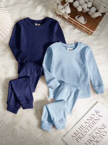 SHEIN Babyjongen 2 stuks nauwsluitende, eenvoudige top met lange mouwen en broek, zachte elastische comfortabele nachtkledingset