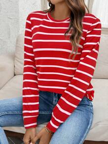 SHEIN LUNE Sudadera deportiva casual de manga larga con estampado de rayas negras y blancas para mujer, otoño