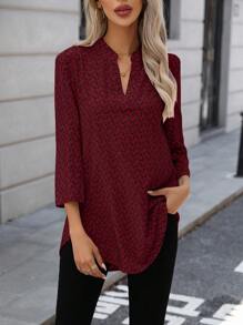 EMERY ROSE Women Casual All-Over Print Notched Neck Roll Up Long Sleeve Blouse, Autumn - Burgundy - View 6