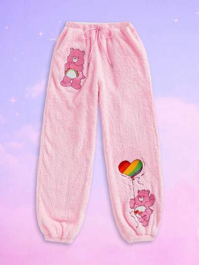 ROMWE X Care Bears Embroidery Fuzzy Fleece Loose Casual Sweatpants For Women, Autumn/Winter