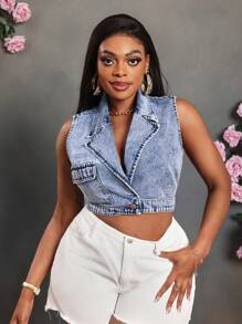 SHEIN SXY Plus Size Women's Denim Top Blue Sexy Fit Sleeveless Vest New Years Outfit New Years Top Women Tops Summer Women Tops Summer Women Clothes New Years Summer Holiday Tops