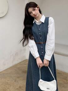 DAZY 女士牛仔背带连衣裙，无袖，秋季服装长款连衣裙 - 中等水洗藍 - 查看 7