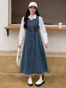 DAZY 女士牛仔背带连衣裙，无袖，秋季服装长款连衣裙 - 中等水洗藍 - 查看 10