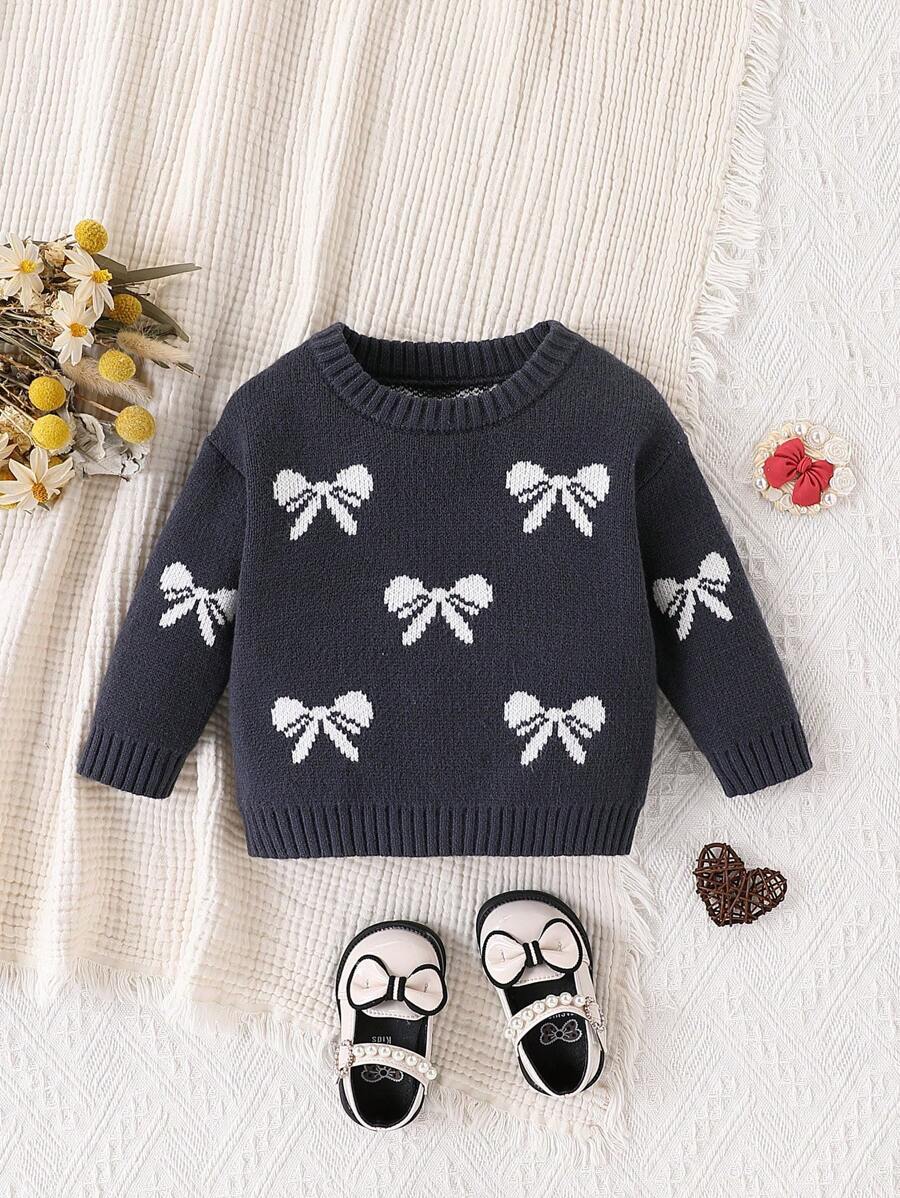 Baby Girl Bow Decor Round Neck Long Sleeve Casual Sweater - Multicolor - View 1