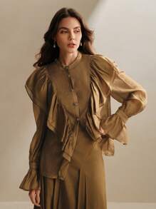 Anewsta 优雅办公室通勤荷叶边衬衫，棕色女士新年衬衫上衣 - 棕色 - 查看 5