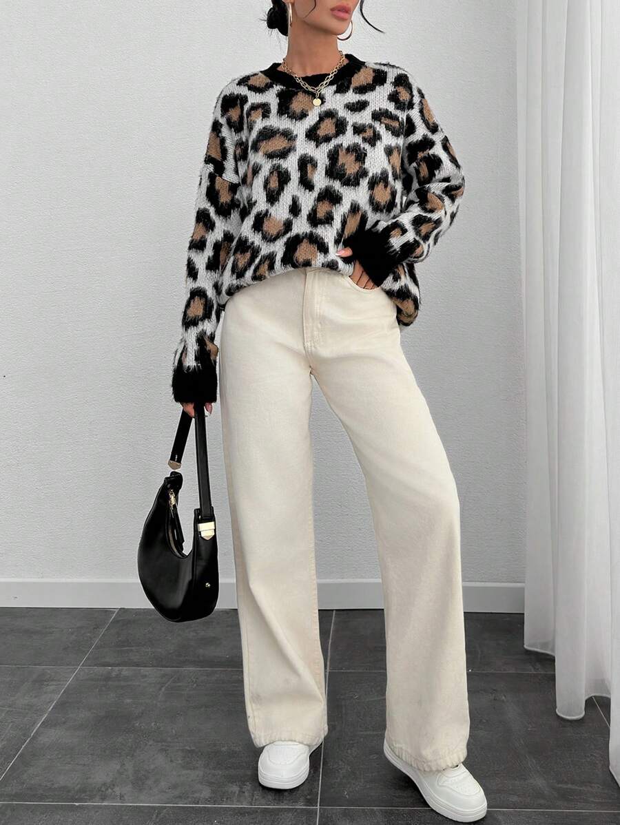 EURMUSE Women Round Neck Leopard Print Soft Touchdrop Shoulder Loose Sweater Pullover