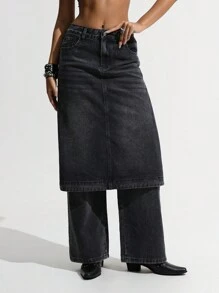 SHEIN Unity Quần denim Skort 2 trong 1 thời trang nữ đã giặt - màu đen - Xem 5