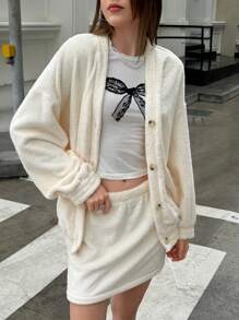 Jouncy Women V-Neck Long Sleeve Button-Up Sweatshirt & Elastic Waist Bodycon Skirt Set, Warm Thermal Lined For Winter - Apricot - View 3