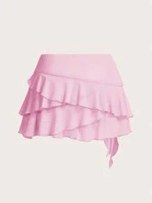 SHEIN ICON Women's Multi-Layer Ruffle Trim Low Rise Y2K Mini Black Skirt - Pink - View 2