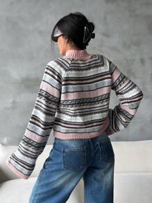 EURMUSE Women's Autumn/Winter Striped Stand Collar Raglan Sleeve Retro Casual Sweater - Multicolor - View 3