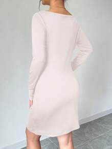 Elenzga Women Casual Bow Decor Round Neck Long Sleeve Short Dress
