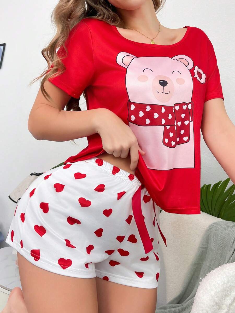 Cute Panda Heart Allover Print INS Style Women Pajama Set - Burgundy - View 1