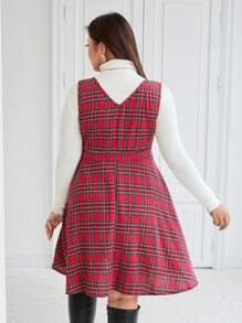 Celure Vestido de peto casual/de trabajo con cuello en V a cuadros para mujer de talla grande, para otoño/invierno