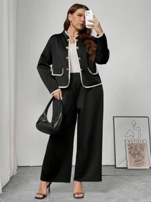 SHEIN Frenchy Plus Size Contrast Trim Button Front Top And Pants 2 Pieces Set, Tita Outfit, Casual - Black - View 1