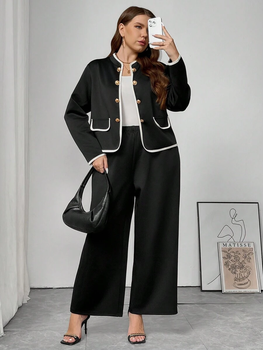 SHEIN Frenchy Plus Size Contrast Trim Button Front Top And Pants 2 Pieces Set, Tita Outfit, Casual - Black - View 1