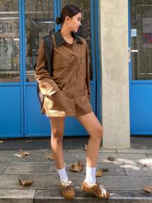 DAZY Color Block Loose Long Sleeve Collar Pocket Faux Suede Women's Regular Jacket