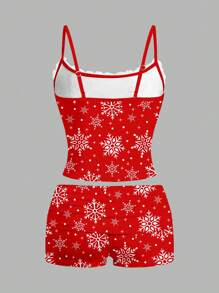 Carolina Leite Artist Merry Christmas Snowflake Pattern, Sexy Lace Ruffle Camisole Top And Shorts Two-Piece Sets For Women, Winter, Holiday, New Year, Festival