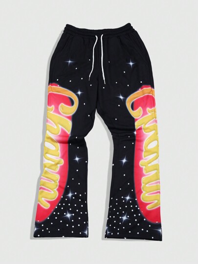 Street Life Men's Fashionable Color-Blocking Letter & Polka Dot Print Drawstring Waist Sweatpants