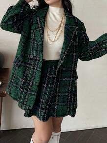 Flirla Plus Size Red Plaid Patchwork Button-Up Jacket & Pleated Skirt 2 Pieces Set, Autumn/Winter - Green - View 6