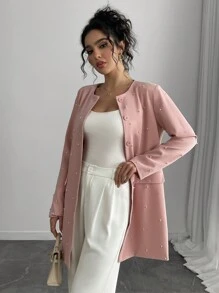 SHEIN Unity 女士简约休闲纯色仿珍珠夹克 - 粉色 - 查看 6