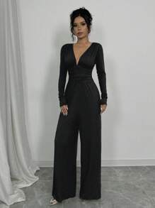 Elenzga Mono negro de moda para mujer, con mangas largas, tela texturizada, acentos plisados, pantalones de pierna ancha, otoño