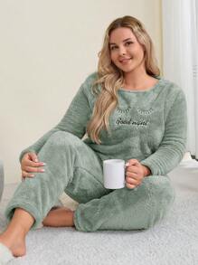 RueChic 2 件条纹绒毛面料搭配撞色刺绣细节家居服睡衣套装 - 綠色 - 查看 6