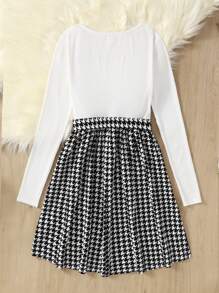 SHEIN Teen Girls' Retro Elegant Houndstooth Patchwork Round Neck Slim Waist A-Line Dress, Autumn/Winter - Black and White - View 2
