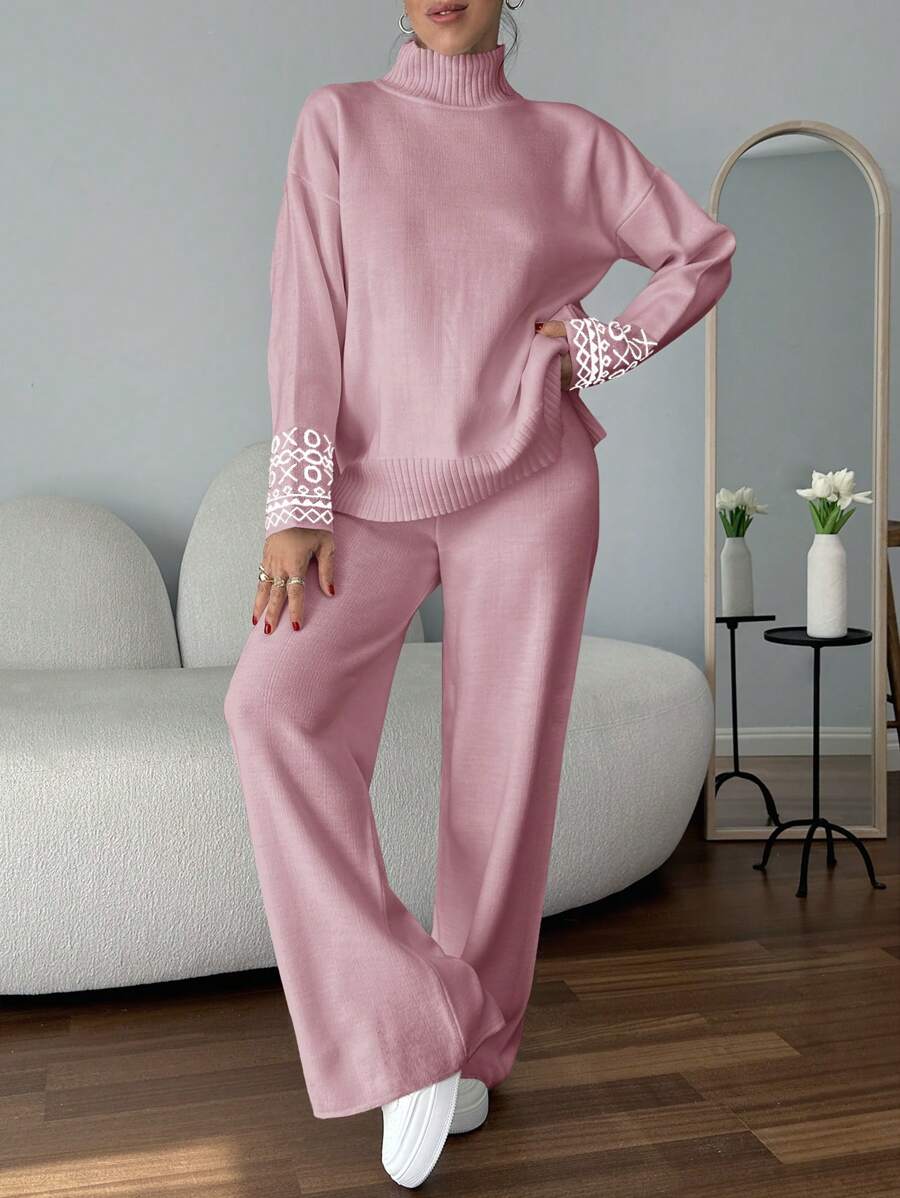 EURMUSE Women Solid Color High Neck Sleeve Detailed Sweater & Sweater Pants Set - Baby Pink - View 1