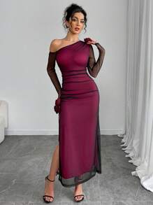 Chiquease Women's Elegant 3D Floral Mesh Ruched Asymmetrical Maxi Split Dress - Multicolor - View 4