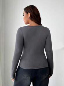 SHEIN EZwear 3pcs Plus Size Women Solid Color Knit Button Placket Long Sleeve Casual T-Shirts, Autumn/Winter - Navy Blue - View 4